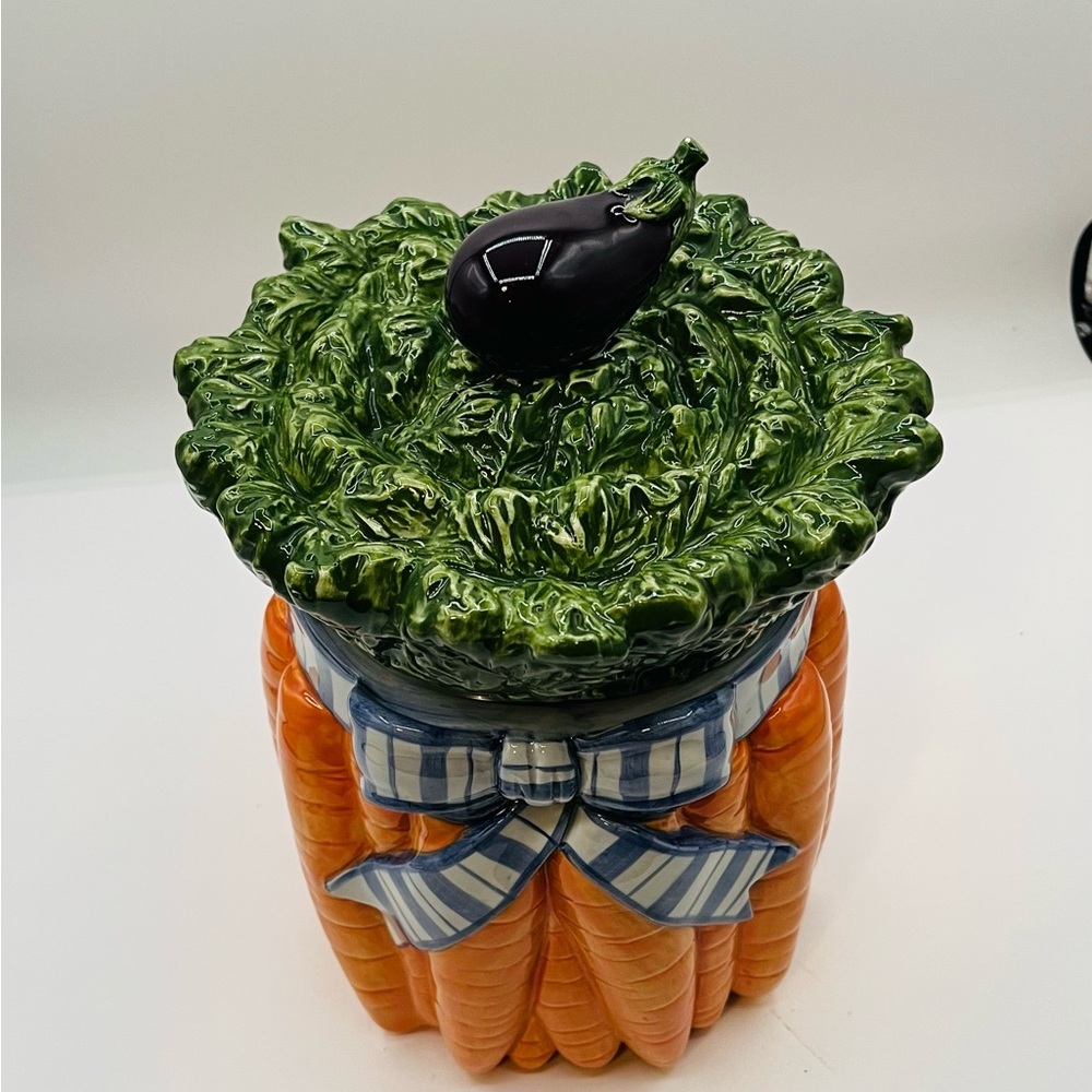 Fitz and Floyd Carrot and Eggplant Cookie Jar - Green, Orange, Blue - Picture 2 of 8